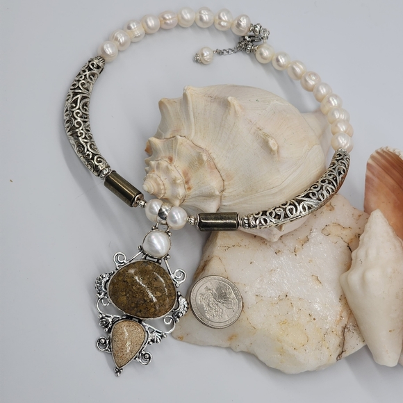 Genuine Stones Natural Pearl/Jasper/Coral Fossil Silver Pendant Necklace - Picture 3 of 11